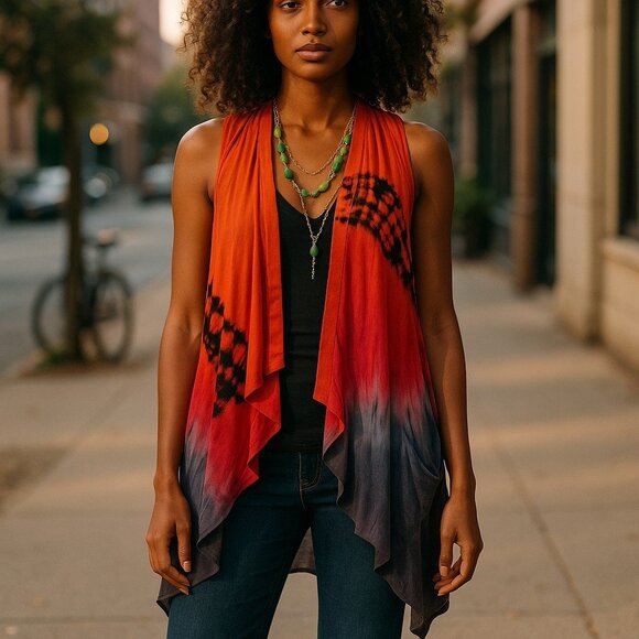 ART OF CLOTH VINTAGE Tie Dye Ombre Vest M L Sleeveless Cardigan Tunic Lagenlook - Picture 16 of 16